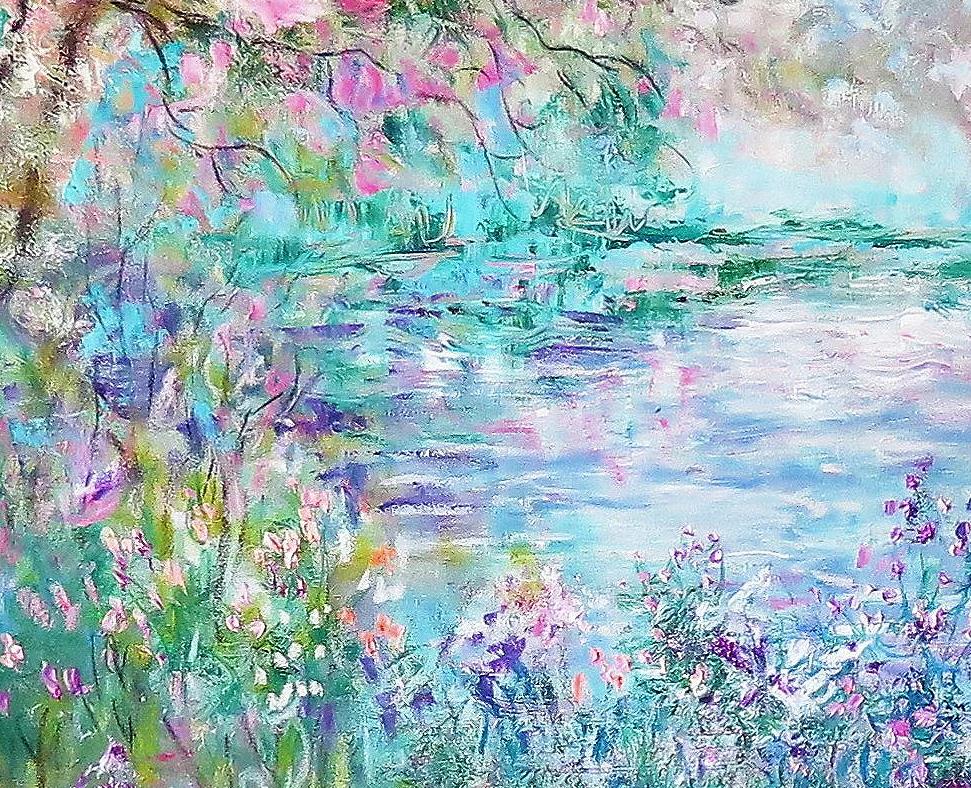 桜 野生の花 池 木 庭の装飾 風景 壁アート 自然 風景の詳細油絵
